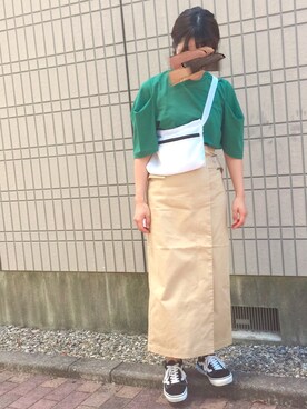 「KBF（ケイビーエフ）のタックスリーブTEE（Tシャツ/カットソー、グリーン系）」を使った、mk*さん（レディース・154cm）の夏コーディネート