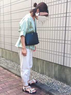 「KBF（ケイビーエフ）の2WAYドロストドルマンブラウス（シャツ/ブラウス、グリーン系）」を使った、mk*さん（レディース・154cm）の夏コーディネート