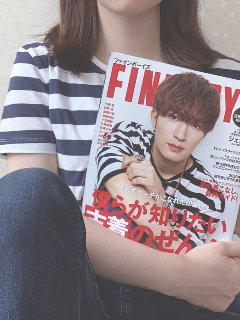 「夏だ！Tシャツ着よう！、ボーダー、ボーダーTシャツ、デニム、プチプラ、ファインボーイズ、FINEBOYS、ジェシー、低身長」｜「無印良品のアイテム（Tシャツ/カットソー、ホワイト系）」を使った、みーちゃんさん（レディース・147cm）の夏コーディネートの1枚目の写真