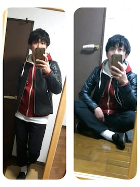 「白ソックス」｜「アイテム（ライダースジャケット）」を使った、y.aさん（メンズ・170cm）の秋コーディネート