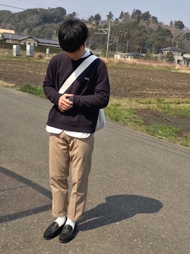 「URBAN RESEARCH（アーバンリサーチ）のMHL.×URBAN RESEARCH　別注LOGO SWEAT（スウェット、ブルー系）」を使った、reeeeoさん（メンズ・168cm）の春コーディネート