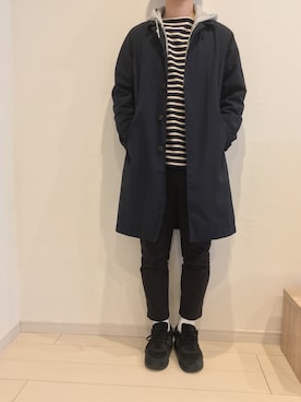 「URBAN RESEARCH（アーバンリサーチ）のアイテム（ステンカラーコート、ブラック系）」を使った、reeeeoさん（メンズ・168cm）の春コーディネート