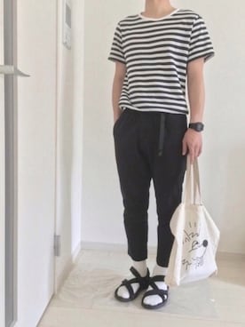 「無印良品（ムジルシリョウヒン）のアイテム（Tシャツ/カットソー、ホワイト系）」を使った、reeeeoさん（メンズ・168cm）の春コーディネート