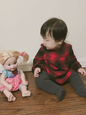 「アイテム（スカート）」を使った、肉叽叽肉叽叽さん（キッズ・70cm）の秋コーディネート