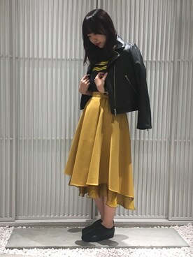 「オーガンジー」｜「アイテム（ライダースジャケット）」を使った、Yuki Kagayaさん（レディース・165cm）の春コーディネート