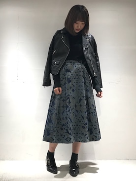 「ジャガード」｜「アイテム（ライダースジャケット）」を使った、Yuki Kagayaさん（レディース・165cm）の冬コーディネート