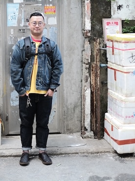 「RRL（ダブル アール エル）のアイテム（デニムジャケット）」を使った、Barry Lamさん（メンズ・165cm）の冬コーディネート