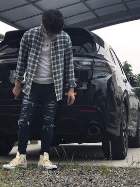 「H&M（エイチ・アンド・エム）のアイテム（Tシャツ/カットソー、ホワイト系）」を使った、Sさん（メンズ・165cm）の夏コーディネート