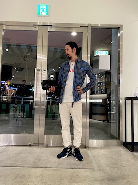 「DIESEL（ディーゼル）のメンズ シャツ ブラウス チェックシャツ（シャツ/ブラウス、ブルー系）」を使った、モーシーさん（メンズ・179cm）の夏コーディネート