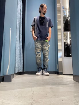 「DIESEL（ディーゼル）のFW21 メンズ デニムパンツ テーパード サステナブル（デニムパンツ、ブルー系）」を使った、モーシーさん（メンズ・179cm）の夏コーディネート