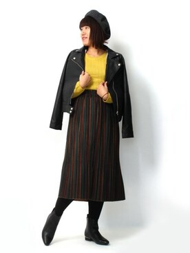 「マスタード」｜「アイテム（ライダースジャケット）」を使った、Pierrotスタッフ★大人に似合う高コスパ服をお届けさん（レディース・160cm）の冬コーディネート