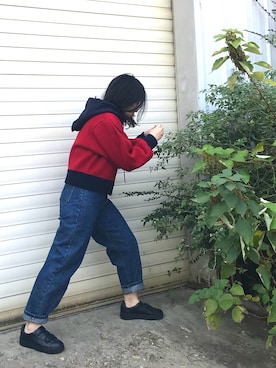 「sellyのアイテム（ニット/セーター、レッド系）」を使った、Arenologyさん（レディース・158cm）の秋コーディネート