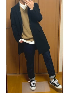 「JUNRED（ジュンレッド）のアイテム（チェスターコート）」を使った、jo_wearさん（メンズ・170cm）の冬コーディネート