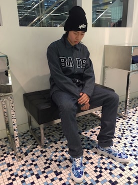 「Bape」｜「アイテム（ミリタリージャケット）」を使った、森本 茂雄さん（メンズ・178cm）の秋コーディネート