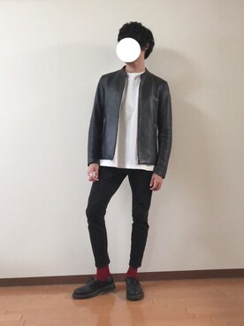 「リドム」｜「アイテム（ライダースジャケット）」を使った、ミニマルまぁさん（メンズ・163cm）の春コーディネート