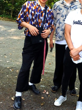 「HARE（ハレ）のTRワイドスラックス(HARE)（スラックス、ブラック系）」を使った、Naoさん（メンズ・172cm）の夏コーディネート