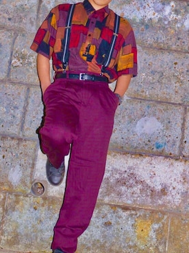 「VINTAGE（ヴィンテージ）のアイテム（トップス、パープル系）」を使った、Naoさん（メンズ・172cm）の夏コーディネート