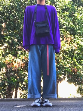 「VINTAGE（ヴィンテージ）のアイテム（Tシャツ/カットソー、パープル系）」を使った、Naoさん（メンズ・172cm）の秋コーディネート