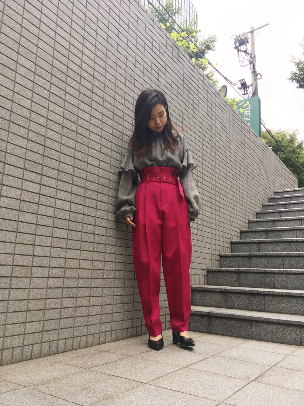 「グレンチェック、チェック、ピンク、UT東コレ、city、SUPER FABRIC BRAND」｜「cityのシアーグレンチェックオーバーブラウス（シャツ/ブラウス、その他）」を使った、AYANOさん（レディース・152cm）の秋コーディネートの1枚目の写真