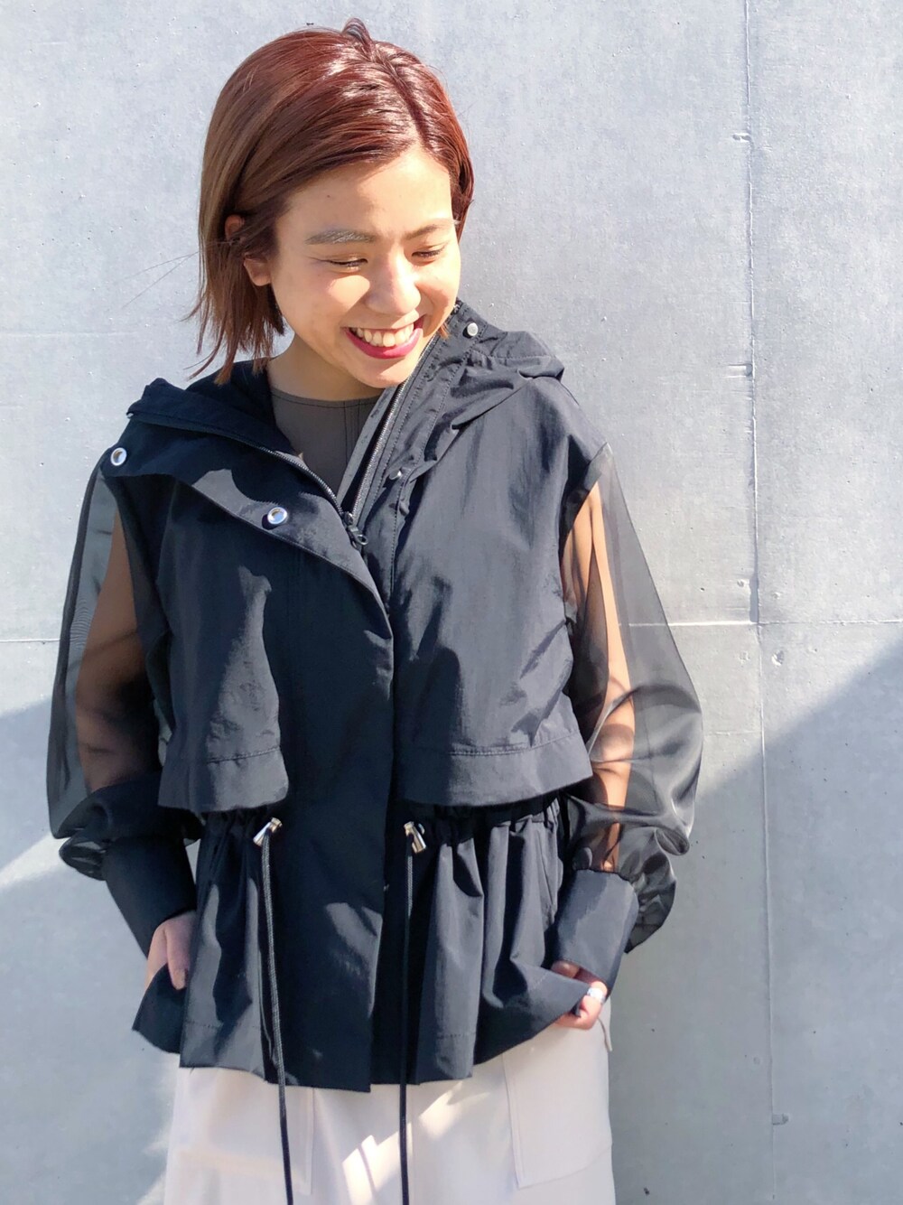 「シースルー、オーガンジー、ブルゾン、平成最後のWEARISTAセンバツ、スタッフセンバツ、カジュアルコーデ、大人コーデ、UNITED TOKYO、低身長、春コーデ」｜「UNITED TOKYOの袖オーガンジーブルゾン（ブルゾン、ブラック系）」を使った、AYANOさん（レディース・152cm）の春コーディネートの1枚目の写真