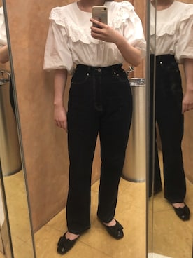 「kutir（クティール）の【低身長向けXSサイズあり】ハイウエストストレートデニムパンツ（デニムパンツ、ブルー系）」を使った、Chicaさん（レディース・162cm）の夏コーディネート