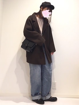 「UNIQLO（ユニクロ）のハイライズワイドストレートジーンズ（デニムパンツ）」を使った、みゆきちさん（レディース・161cm）の冬コーディネート