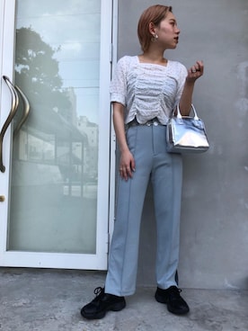 「アイテム（デニムパンツ、グリーン系）」を使った、emsexcite　/　エムズエキサイトさん（レディース・158cm）の春コーディネート