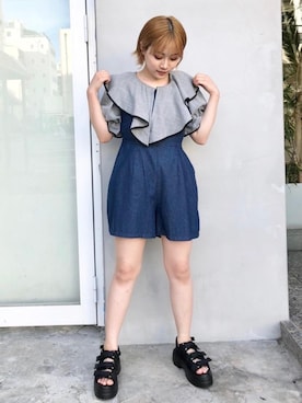 「ガーリーコーデ」｜「アイテム（サロペット/オーバーオール）」を使った、emsexcite　/　エムズエキサイトさん（レディース・148cm）の夏コーディネート