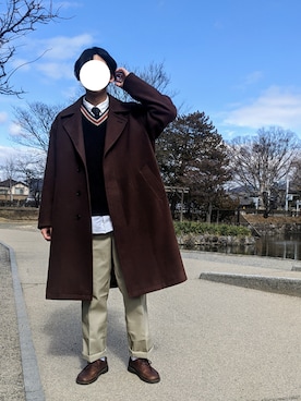 「JUNRED（ジュンレッド）のアイテム（チェスターコート）」を使った、Takuさん（メンズ・180cm）の冬コーディネート
