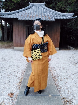 「アイテム（着物、イエロー系）」を使った、るふなさん（レディース・152cm）の冬コーディネート