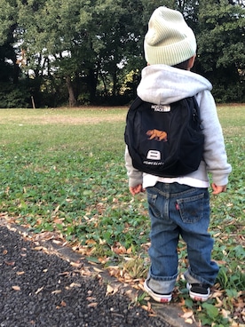 「THE NORTH FACE（ザノースフェイス）のTHE NORTH FACE/ザ・ノースフェイス/Day pack/キッズ用リュックhome slice NMJ72005（バックパック/リュック）」を使った、ttiiaaさん（キッズ・80cm）の秋コーディネート