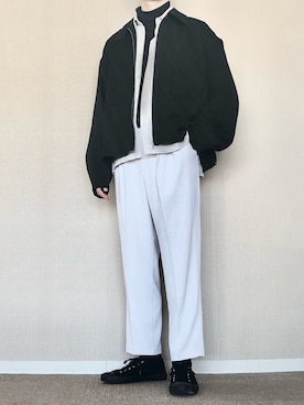 「act'm（アクトム）のact'm 袖ボリューム ビッグシルエット TR CPOワイドショートブルゾン-2021S/S-（ブルゾン、ブラック系）」を使った、ゆべしさん（メンズ・184cm）の春コーディネート