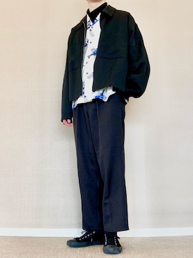 「act'm（アクトム）のact'm 袖ボリューム ビッグシルエット TR CPOワイドショートブルゾン-2021S/S-（ブルゾン、ブラック系）」を使った、ゆべしさん（メンズ・184cm）の春コーディネート