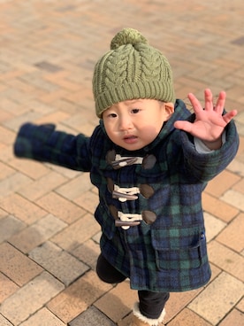 「アイテム（ダッフルコート、グリーン系）」を使った、KYOさん（キッズ・80cm）の冬コーディネート