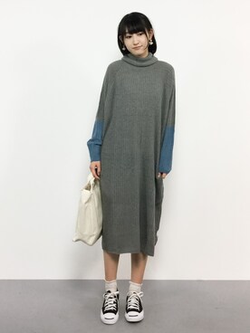 「haco!（ハコ）の＜高橋愛さんコラボ＞ラブ＆ピースプロジェクト　配色遣いのタートルリブニットワンピース（ワンピース）」を使った、はしもさん（レディース・162cm）の秋コーディネート