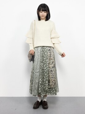 「MERLOT（メルロー）のリブニットティアードフリル袖プルオーバー640-8527（ニット/セーター）」を使った、はしもさん（レディース・162cm）の秋コーディネート