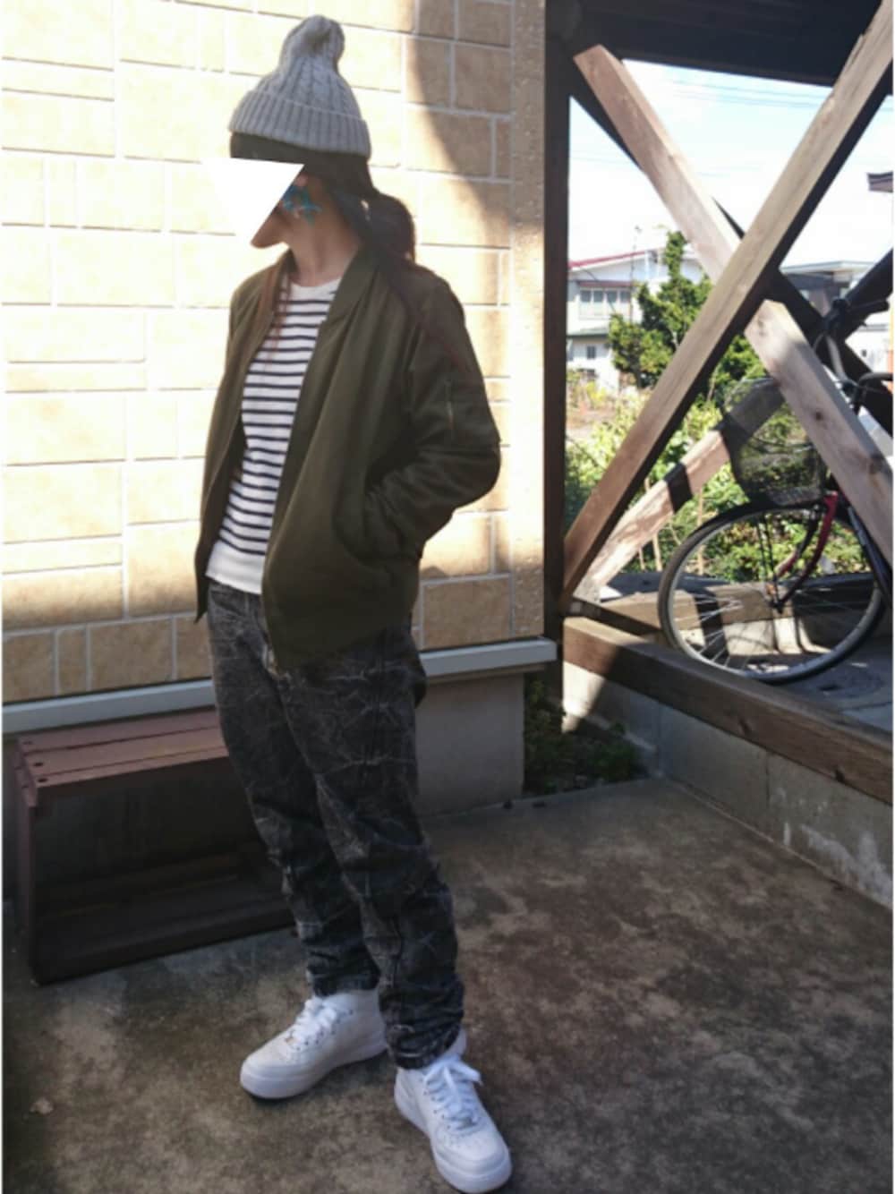 「AS KNOW AS PINKYのアイテム（MA-1、グリーン系）」を使った、ゆこさん（レディース・148cm）の春コーディネートの1枚目の写真
