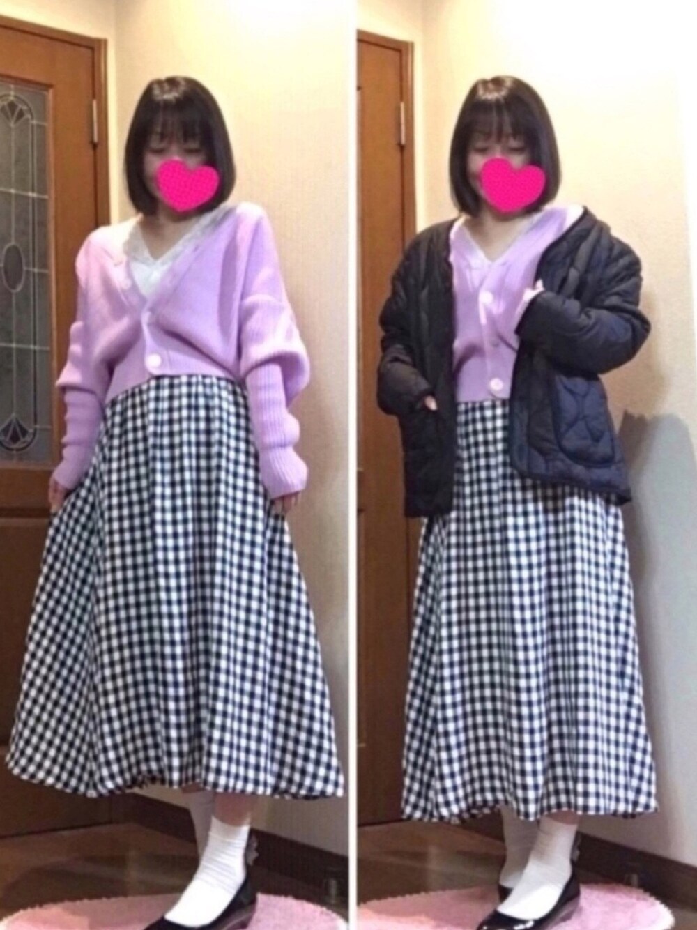 ピンク系のカーディガン/ボレロ、ブラック系のスカート、ブラック系のパンプスを着用したレディースの春コーディネートの1枚目の写真