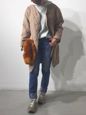 「koe（コエ）のアイテム（ノーカラージャケット）」を使った、HaNaさん（レディース・160cm）の冬コーディネート