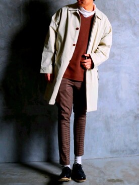 「アイボリー」｜「アイテム（ステンカラーコート）」を使った、koju izumiさん（メンズ・174cm）の春コーディネート