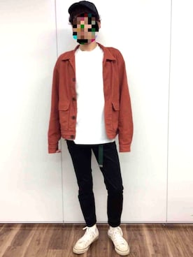 「アイテム（カバーオール、レッド系）」を使った、のぶおさん（メンズ・177cm）の夏コーディネート