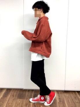 「アイテム（カバーオール、レッド系）」を使った、のぶおさん（メンズ・177cm）の夏コーディネート