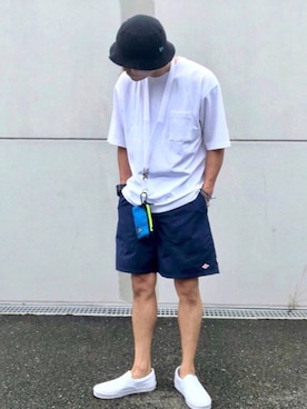 「アイテム（コインケース、ブルー系）」を使った、ひでぼうさん（メンズ・173cm）の夏コーディネート