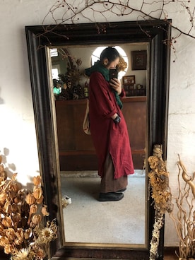 「ヂェン先生の日常着のアイテム（ワンピース/ドレス、レッド系）」を使った、shirota akikoさん（レディース・159cm）の冬コーディネート