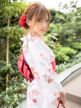 「浴衣屋さん.com（ユカタヤサンドットコム）のアイテム（浴衣、ホワイト系）」を使った、bomiさん（レディース・160cm）の夏コーディネート