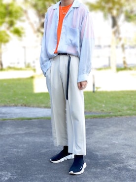 「Lui's（ルイス）のナローベルト（ベルト）」を使った、とむそーやさん（メンズ・178cm）の春コーディネート