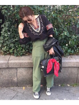 「DRWCYS」｜「アイテム（ライダースジャケット）」を使った、manachin◡̈*さん（レディース・156cm）の春コーディネート