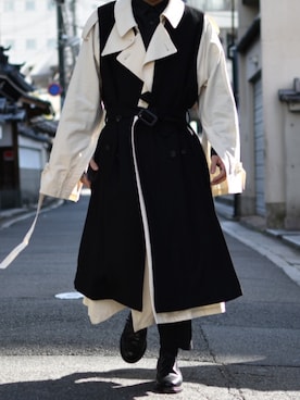 「stein（シュタイン）のアイテム（ノーカラーコート）」を使った、kaiyaさん（メンズ・173cm）の冬コーディネート