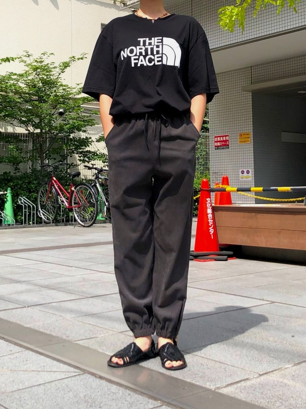 「THE NORTH FACE、Tシャツ、ジョガーパンツ、ZARA、サンダル、モノトーン、カジュアルコーデ、ラフ、パンツスタイル、ROOPTOKYO」｜「THE NORTH FACEのTHE NORTH FACE/ザ・ノースフェイス S/S Half Dome Tee ハーフドームロゴ Tシャツ/半袖Tシャツ（Tシャツ/カットソー、ブラック系）」を使った、まなえさん（レディース・158cm）の夏コーディネートの1枚目の写真
