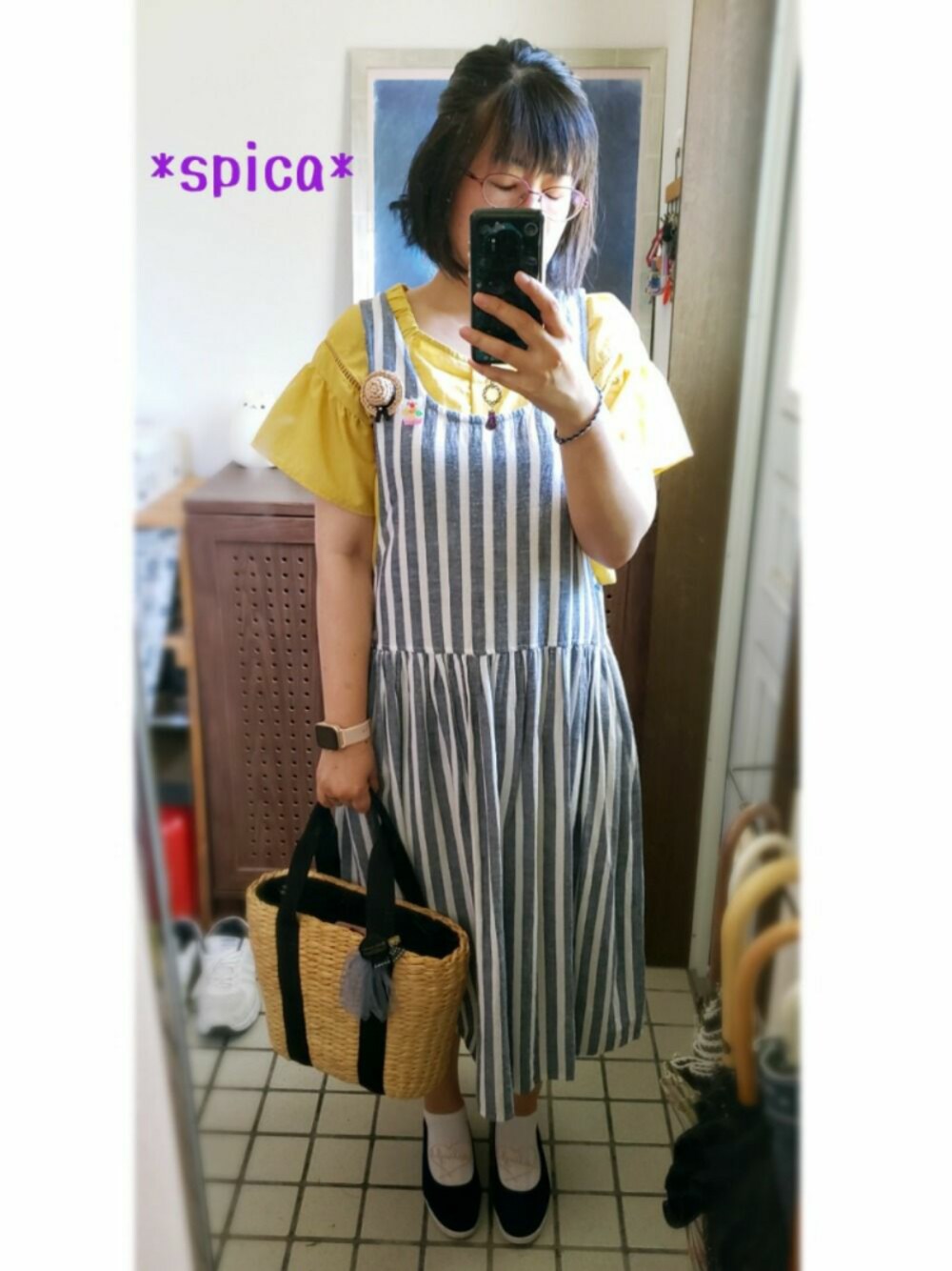 「プチプラ、プチプラコーデ、カジュアルコーデ、お洒落さんとつながりたい、夏コーデ、低身長、メガネ女子、ブローチ部、かごバッグ」｜「no brandのアイテム（ワンピース、ブルー系）」を使った、*spica*さん（レディース・155cm）の夏コーディネートの1枚目の写真